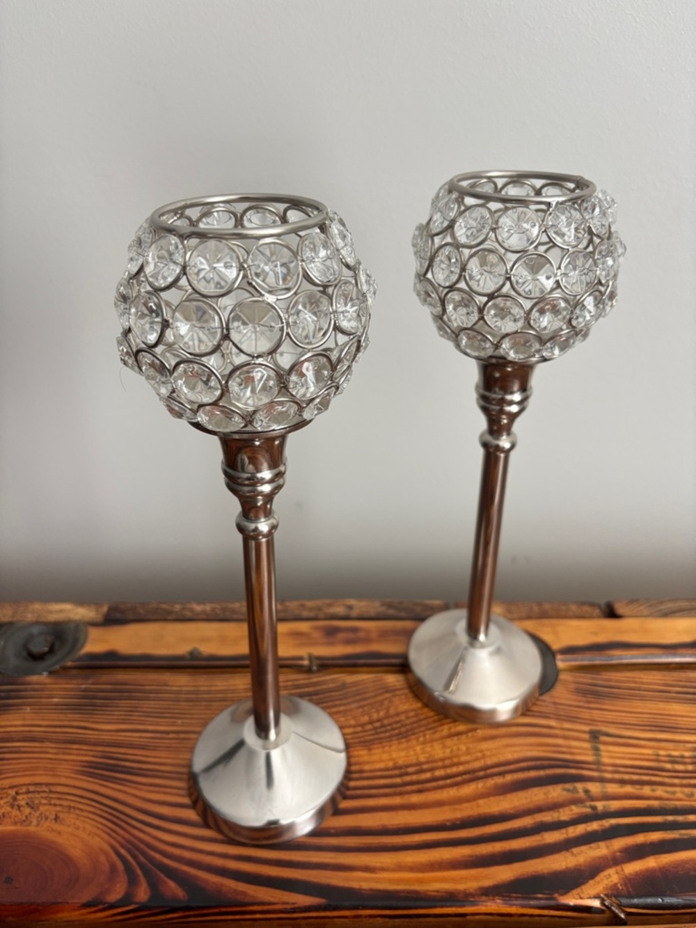 Crystal Globe Candle Holders - Silver Finish (Set of 2)